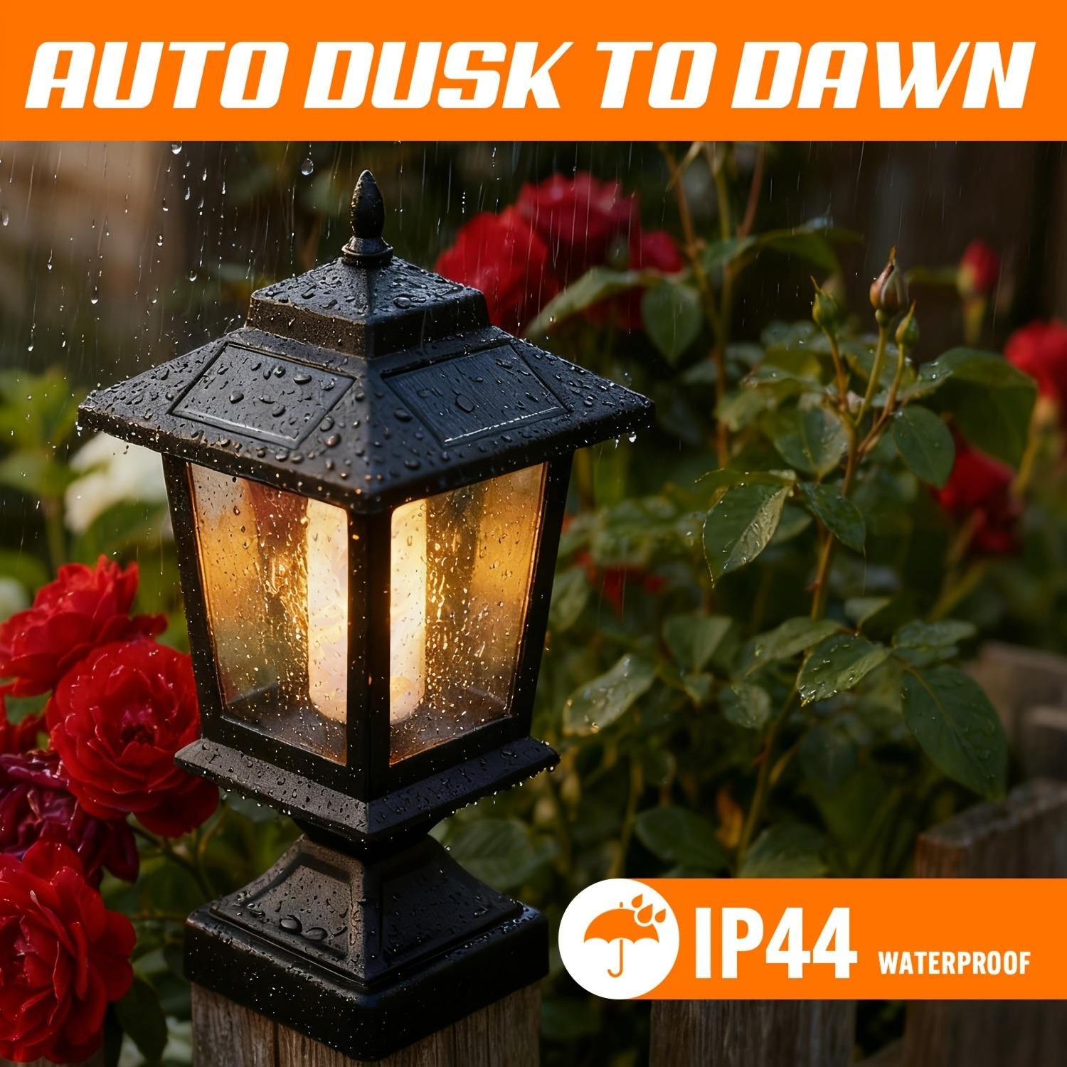 Hoodink Solar Flame Post Lights Outdoor, Solar Powered Lamps Fence Post Cap Lights, Flickering Flame LED Lantern Decorative IP44 for Garden Deck Patio Railing Dock Fence Stairs Decor, Fit 4x4, 5x5 Or 6x6 Wooden Posts