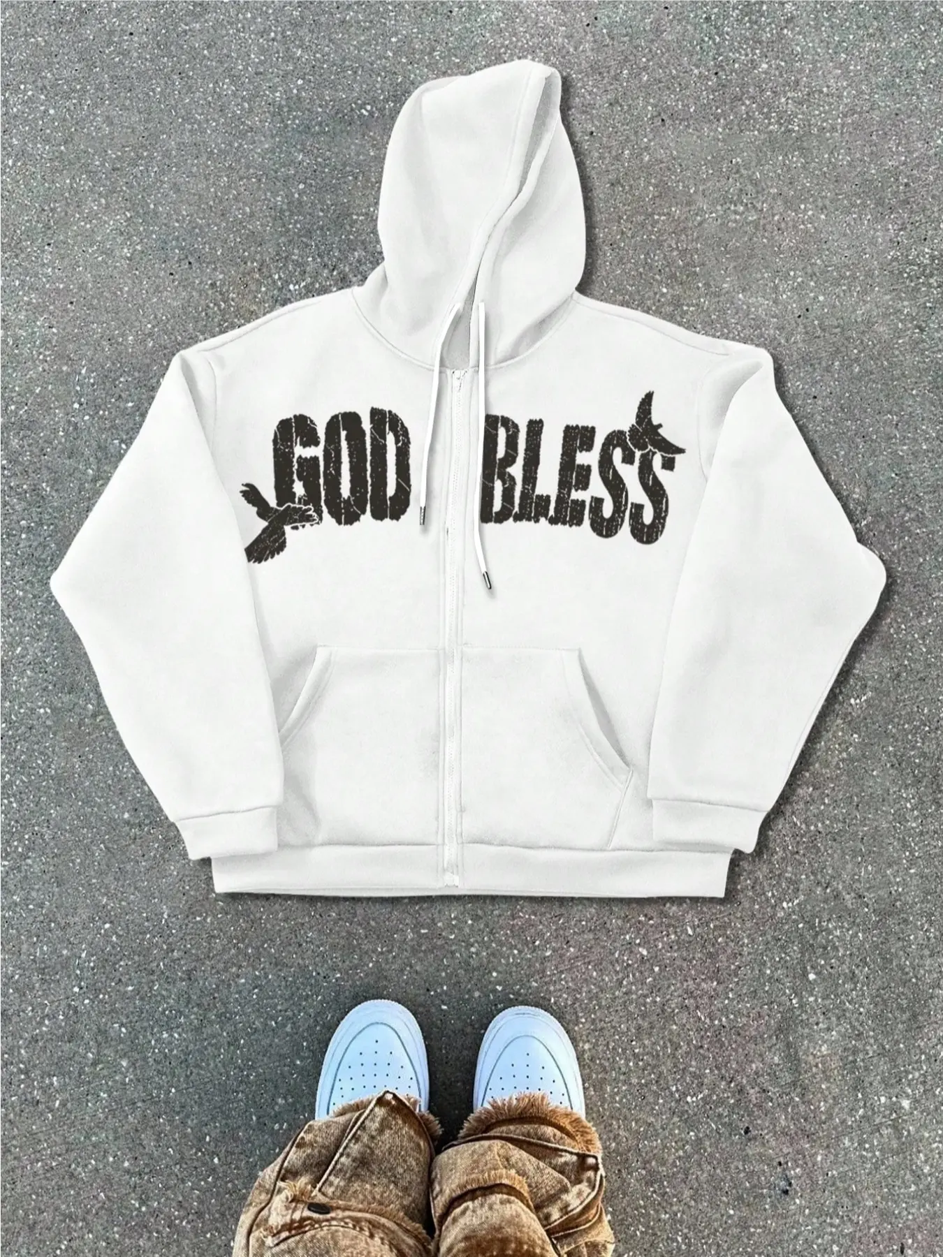 Men's God Bless Graphic Zip Up Hoodie, Hooded Zipper Hoodie, Christian Faith-Inspired Pullover, Vintage Distressed Print, Casual Oversized Jacket, Trendy Religious Fashion, Hot Trending Hoodies