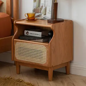 YESWOOD Cherry Wood Nightstand with Drawer, Rattan Nightstand, Natural Wooden Side Table, 19.3" H Bedside Table with Open Shelf, Small Nightstand for Bedroom
