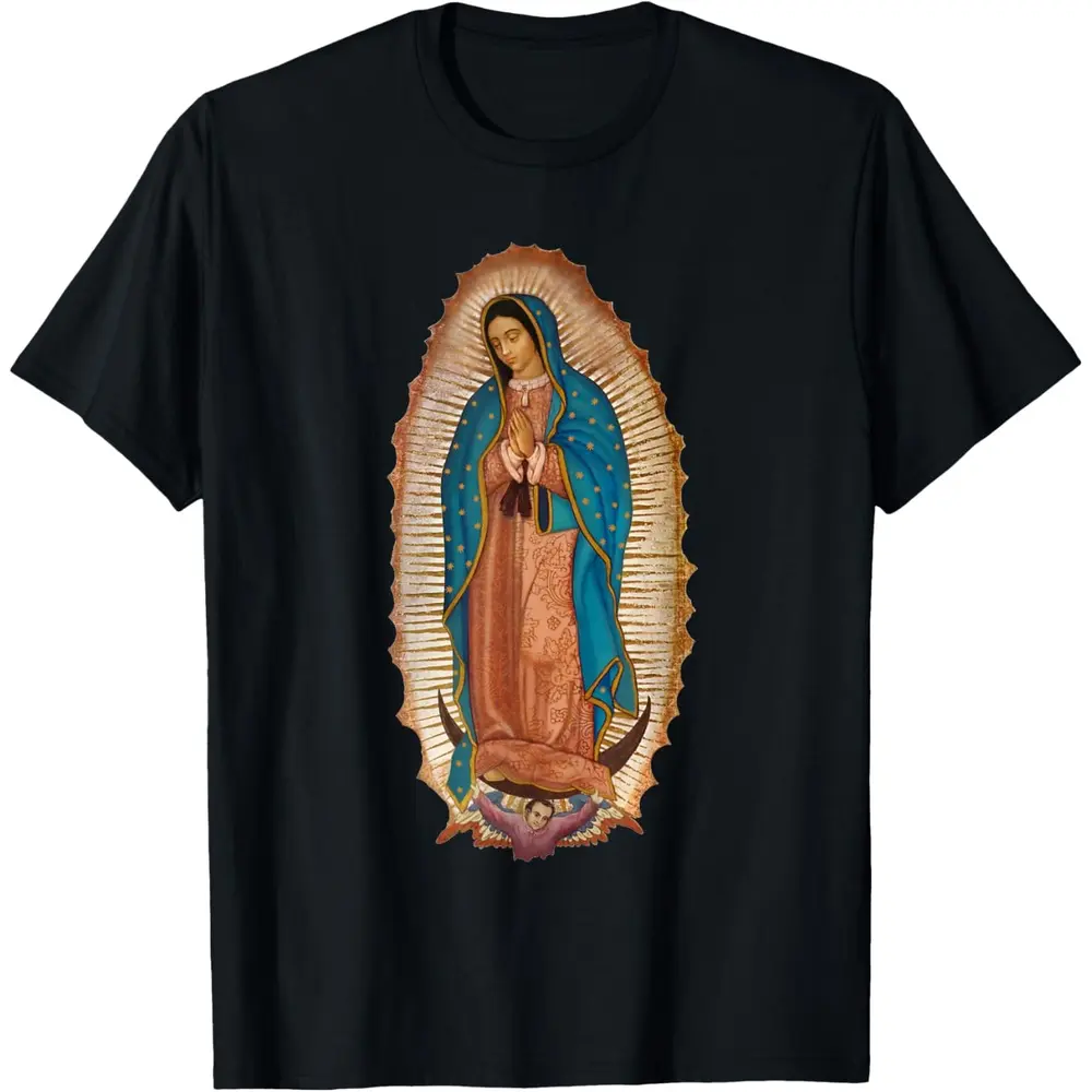 Men's Streetwear Loose-Fit Round Crew Neck T-Shirt with Our Lady of Guadalupe Religious and Cultural Elements, Breathable All Seasons Normal Type Menswear, Machine Washable Short-Sleeve Top