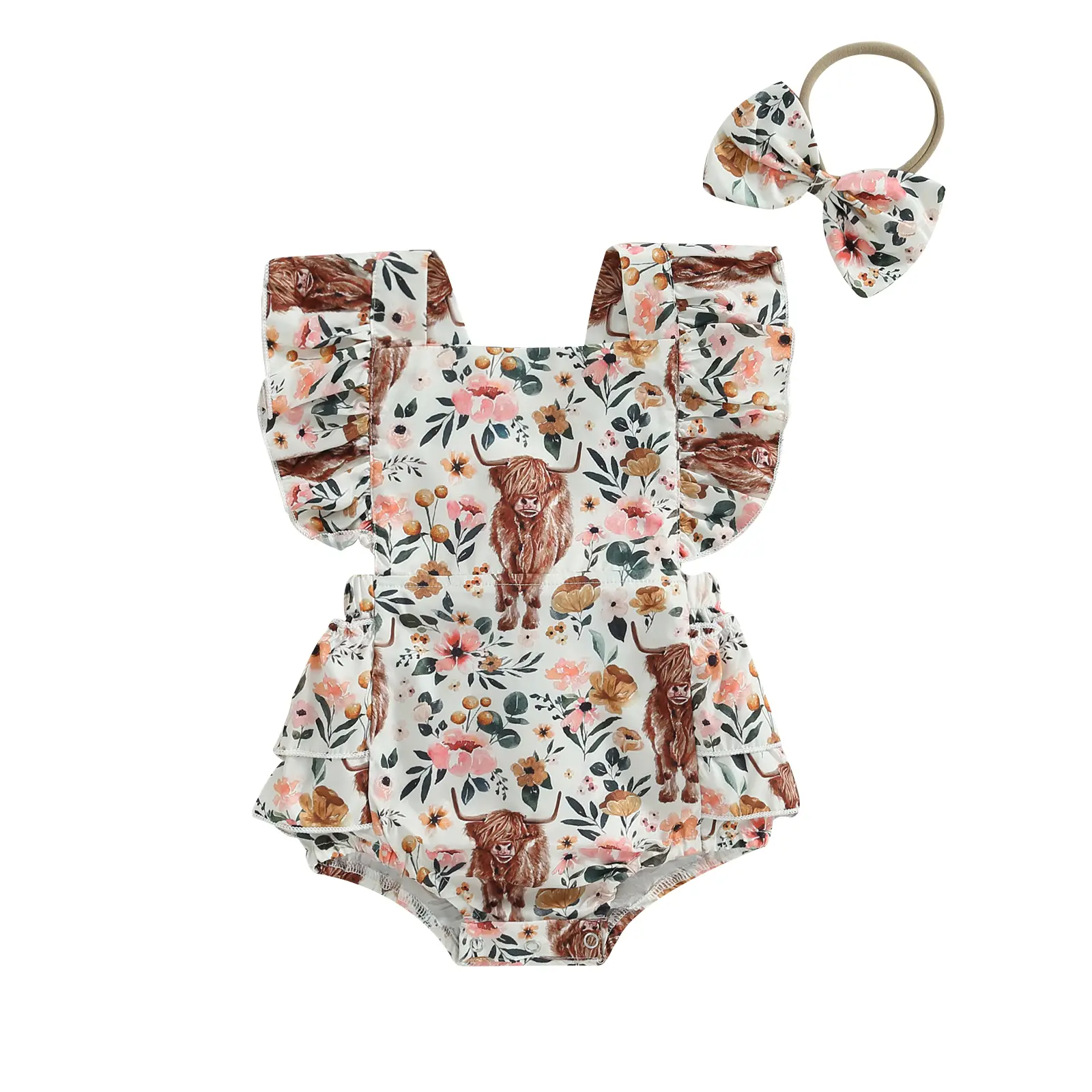 Canrulo Western Baby Girl Summer Clothes Cow Print Ruffled Sleeveless Romper Onesie Bodysuit with Headband Outfit