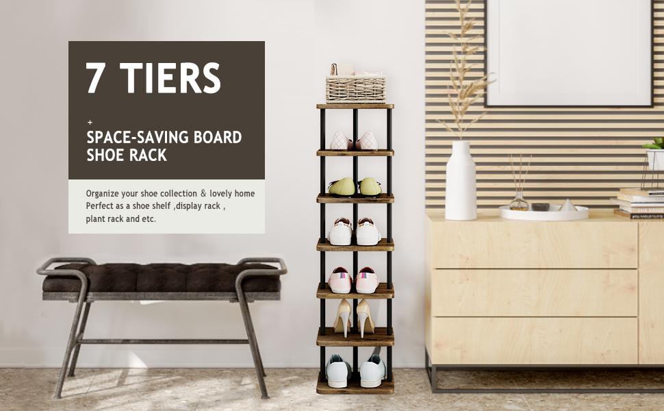 Shoe Rack 7 Tier Vertically Adjustable Storage Organizer Narrow Metal Ultra-thin Shelf, Modern Independent Shoe Tower, Saves Space in The Wardrobe Entrance and Bedroom, Simple Structure, Easy Assembly, Screw Fastening, Safe and Stable Deals For You Days
