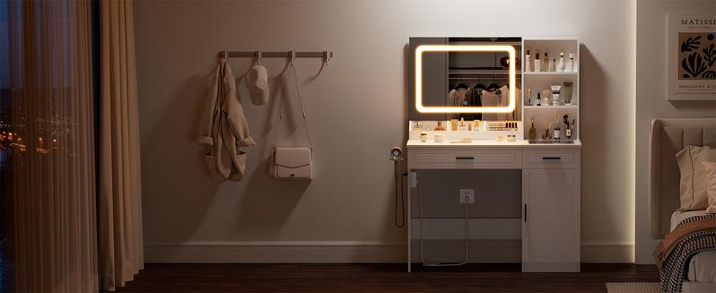 HOMMPA Vanity Desk with Mirror and Lights 41.3“W Makeup Desk with Drawers and Storage Modern Vanity Table with Lighted Mirror Makeup Table with Outlet Dressing Table with Glass Top for Bedroom White
