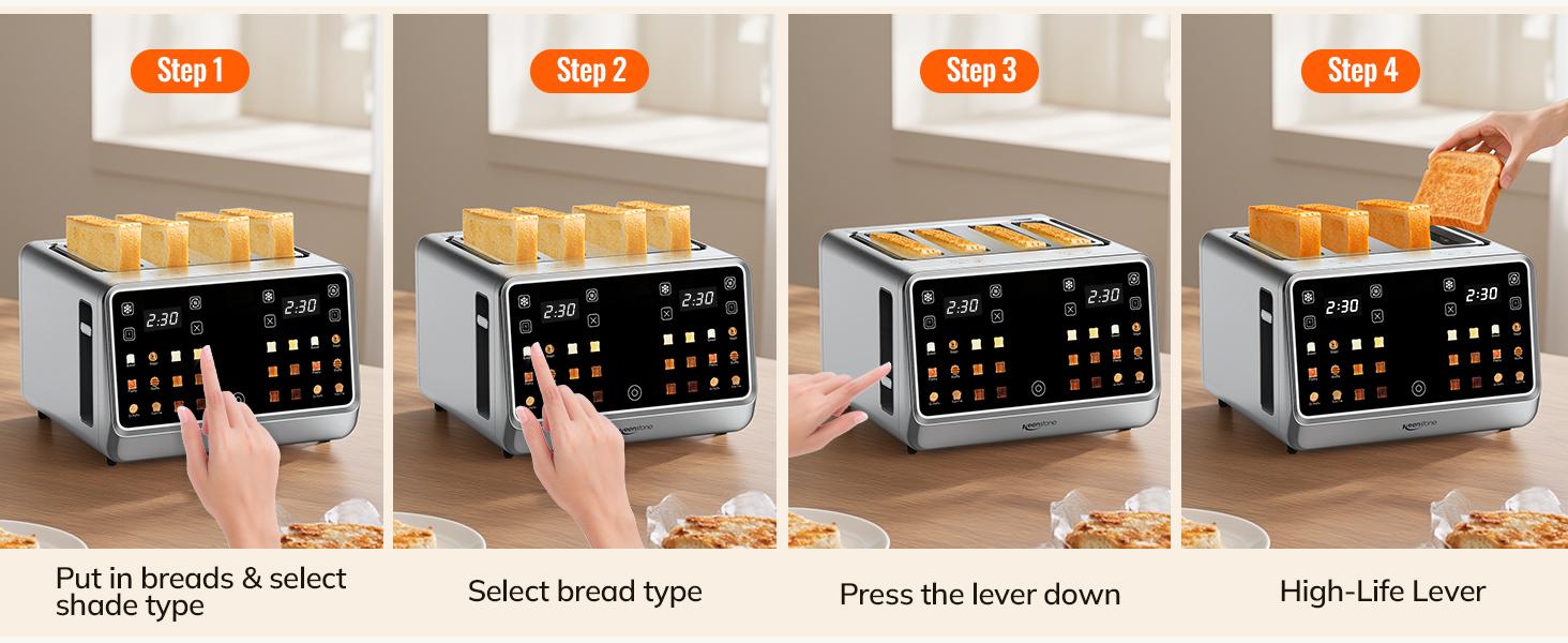 Dear Morning Digital Smart Toaster 4 Slice with Touchscreen Dual Control Panel Single Slot Timer Reheat Defrost for Bagels Bread Waffles Stainless Steel Kitchen Essentials