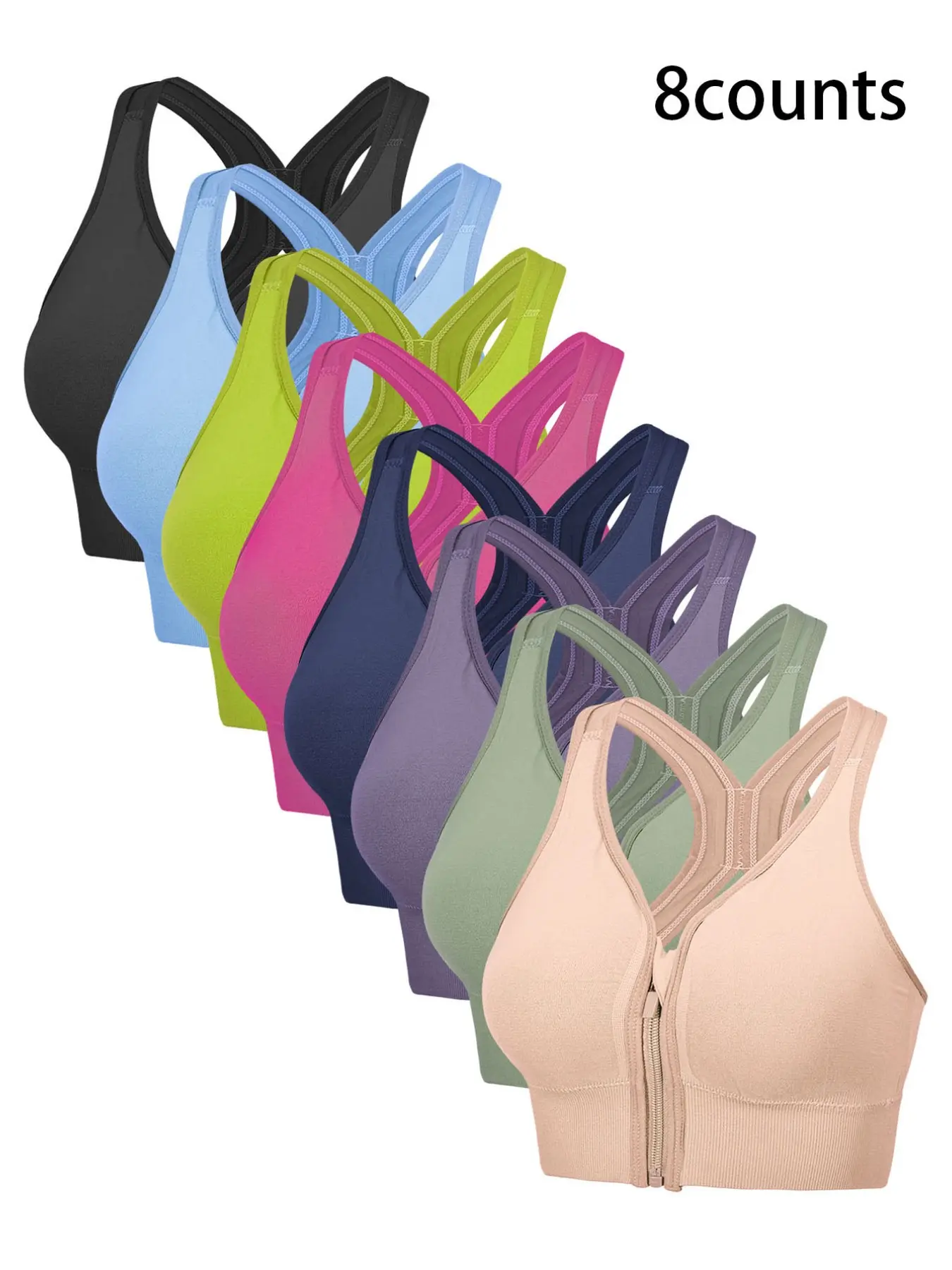 8-Pack Women's Cross Back Sports Bras, Exercise Bra, Workout Bra, Deep V Design, Wire-Free, Medium Support, Front Zip, Yoga & Fitness, Sporty Lingerie, Summer Activewear, Sportswear Bra