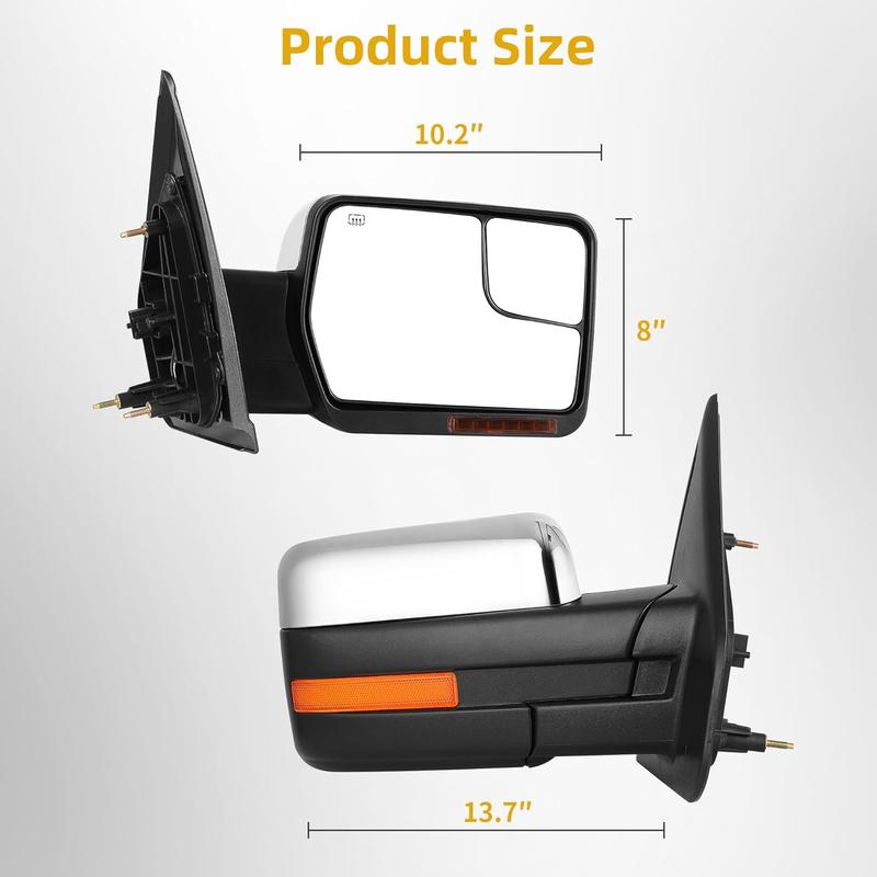 YITAMOTOR Power Heated Driver & Passenger Side Mirrors Car Accessories for 2007-2013 Ford F150 - Chrome Finish, Puddle Light Turn Signal, Enhanced Visibility
