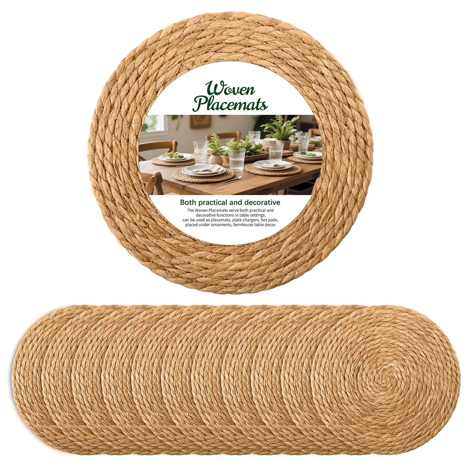 Round Woven Placemats Plate Chargers Set of 12, Boho Farmhouse Rustic Woven Place Mats for Kitchen Dining Party Table Decor, Rattan Wicker Table Mats Jute Braided Chargers for Dinner Plates