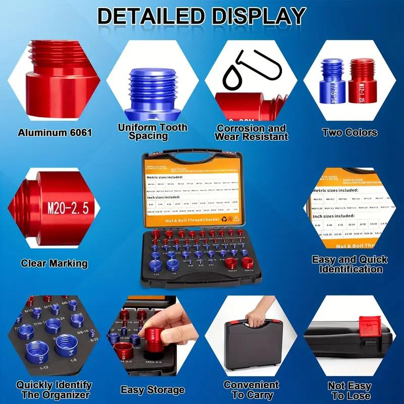 44Pcs Alloy Nut and Bolt Thread Inspector Charge-Free Thread Gauge Metric SAE Size Identification Tool for Inspection of Fixed Bolts or Threaded Holes Multi-Size Nut and Bolt Identifier with Ruler Durable Washable Aluminum Gauge Industrial Measurement