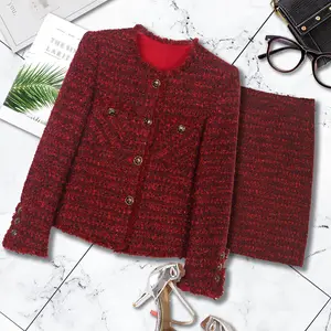 Fashion socialite high-end women's clothing 2026 Spring and Autumn new item red round neck long sleeved jacket half skirt set