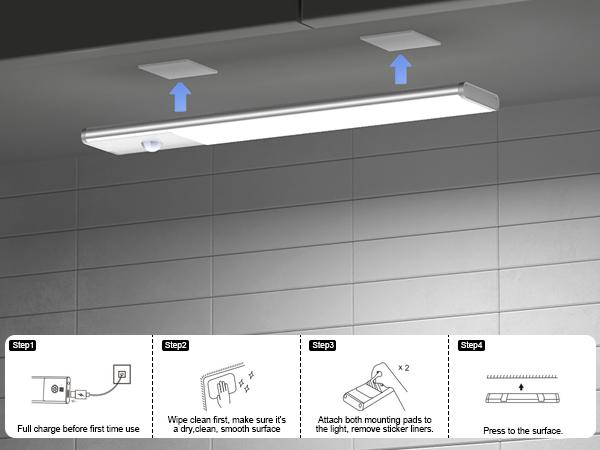 Diomart Aluminum Rechargeable Battery Operated Motion Sensor Lights Indoor Under Cabinet Lighting TYPE C Charging with Cable Wireless Smart Lights for Kitchen Bedroom Stairs White Warm