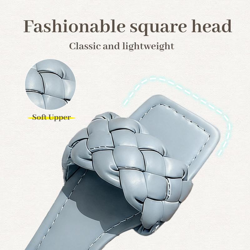 Breathable Fashion Square Toe Slide Sandals Women Woven Open Toe Flat Sandals Non-Slip Lightweight Casual Summer Footwear