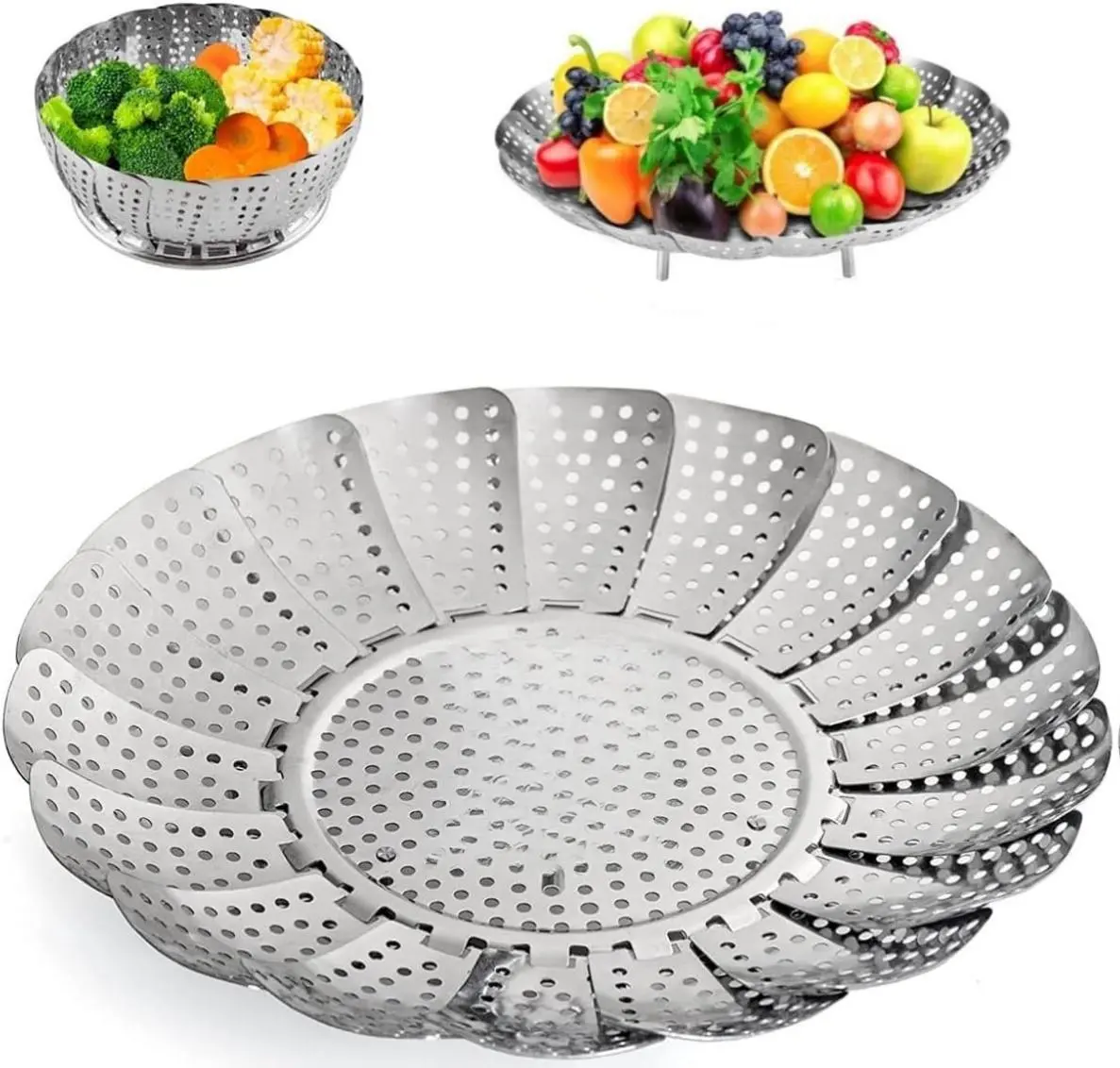 Premium Quality Stainless Steel Foldable Steamer Basket for Cooking Vegetables Fruits & More Heat Resistant Expandable to Fit Various Size Pots 5.5" to 9.3"