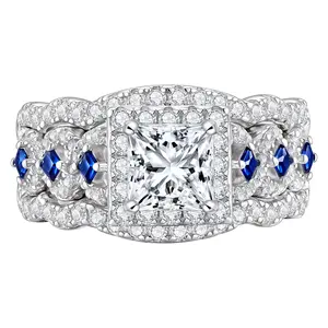 Newshe Jewellery Princess Moissanite Engagement Ring for Women 925 Sterling Silver Wedding Band Rings Blue Sapphire Bridal Sets Promise Size 5-10