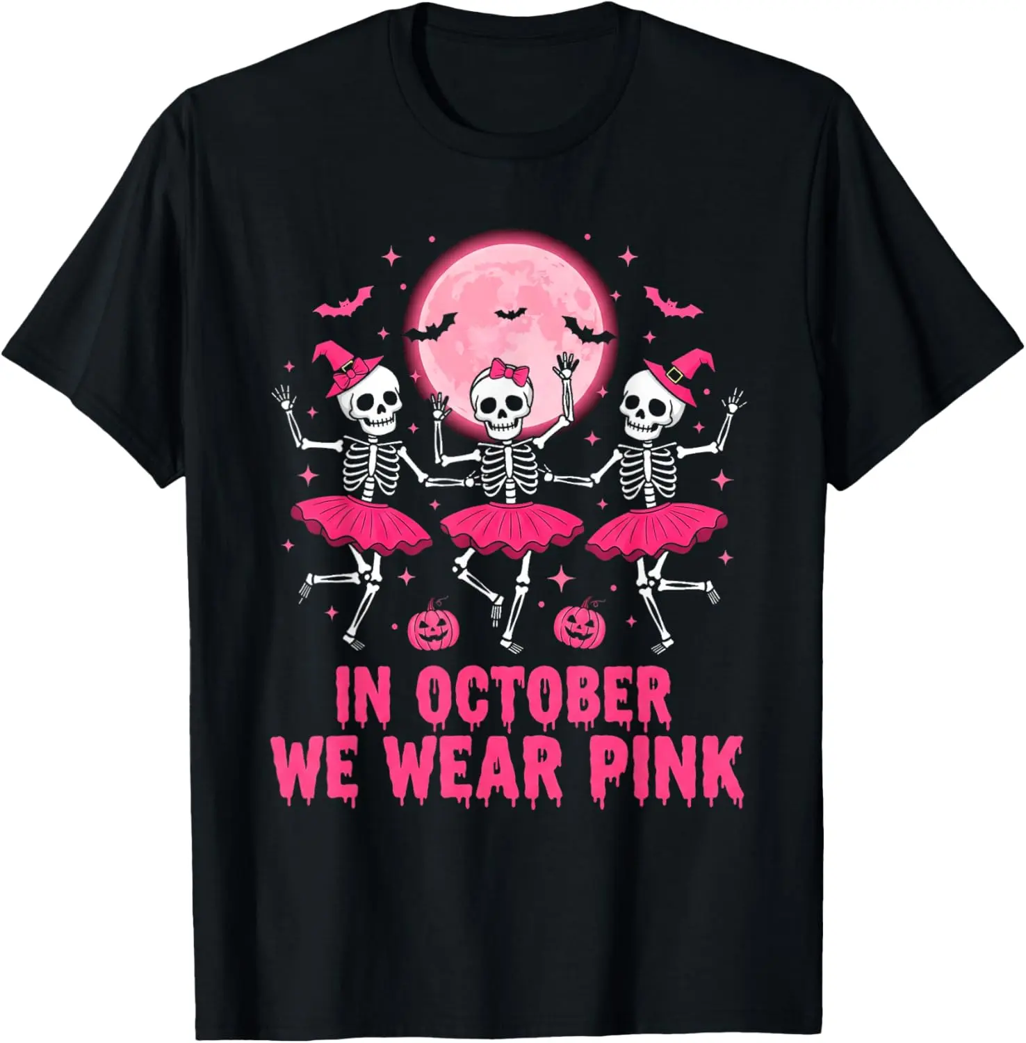 1pc "In October We Wear Pink" Skeleton Breast Cancer T-shirt for Women | Skeleton Print, Pink | Women | Halloween & Breast Cancer Awareness | Fashionable and caring