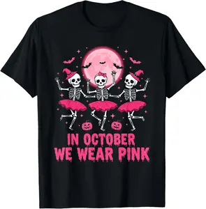 1pc "In October We Wear Pink" Skeleton Breast Cancer T-shirt for Women | Skeleton Print, Pink | Women | Halloween & Breast Cancer Awareness | Fashionable and caring