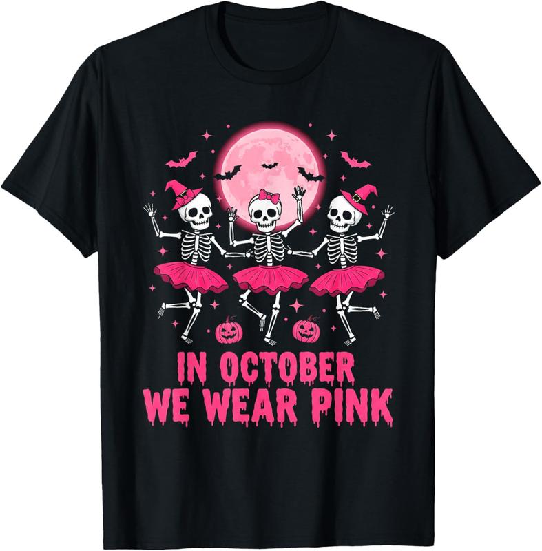 Women's 1pc Cotton "In October We Wear Pink" Skeleton Breast Cancer Awareness T-shirt - 2XL, 5XL, Statement Casual Fit, Soft Fabric, Pink Skeleton Print, Halloween Top