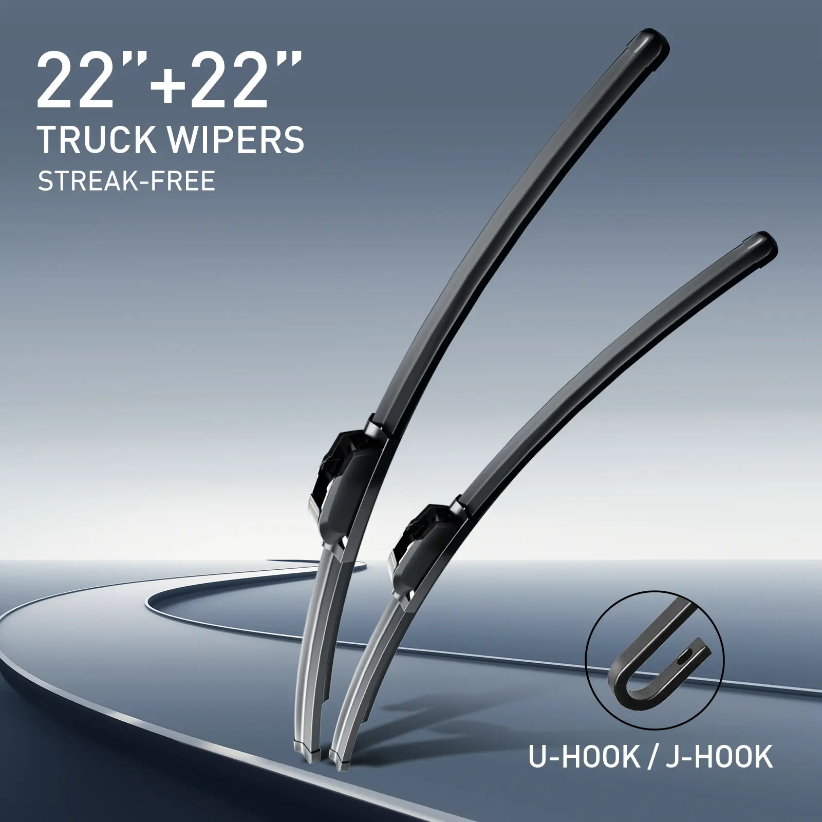 Automotive Replacement Windshield Wiper Blades (2-Pack), 22” Length Frameless Rubber Blades, U-Hook/J-Hook Fit for Pickup Trucks, All-Seasons Streak-Free Front Auto Parts