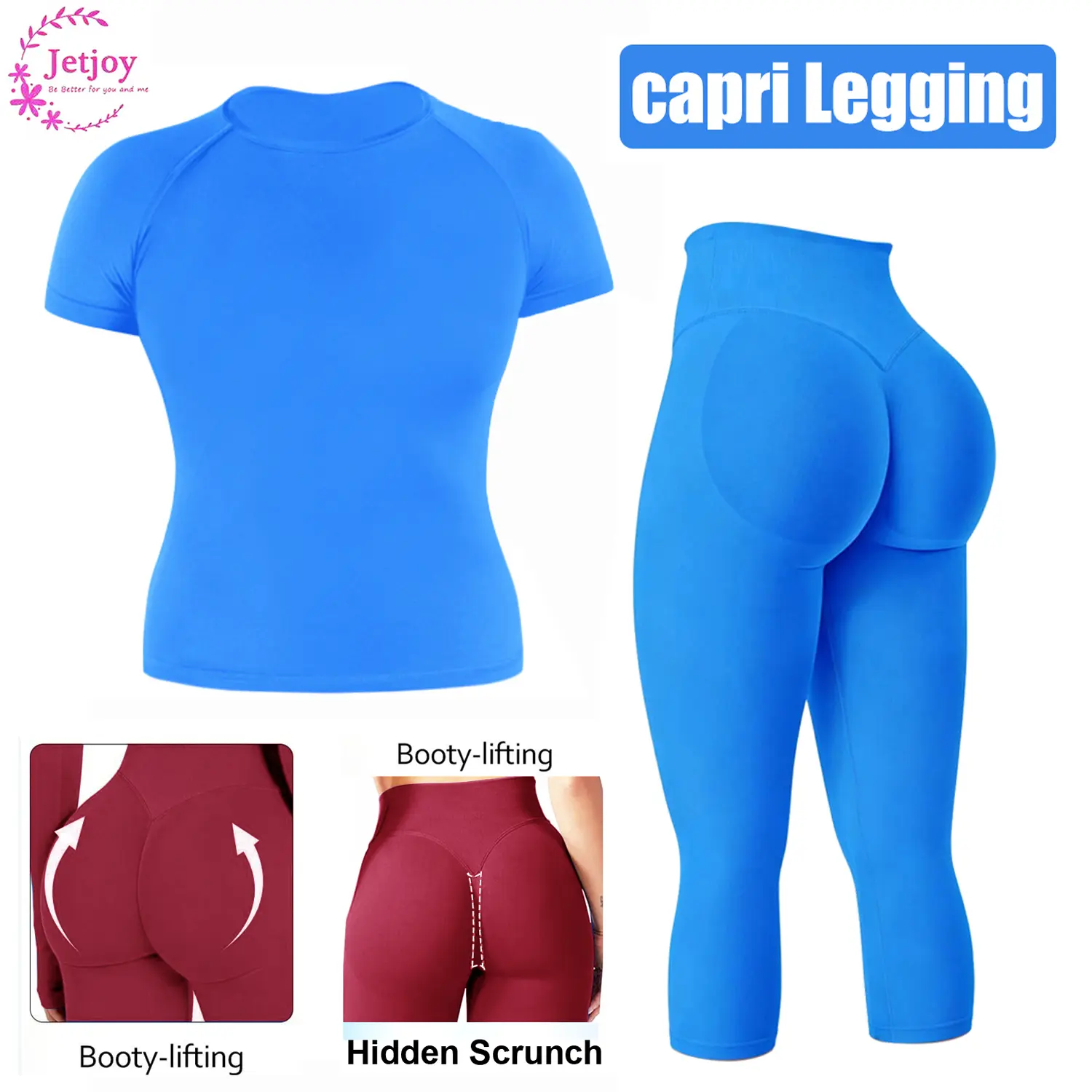 Jetjoy 2 Piece Workout Sets for Women, Short-Sleeve T-Shirt & High Waist Scrunch Butt Capri Leggings Knit Stretchy Fabric Gym Yoga Outfits Summer Suits Womenswear Swimwear Suit, Hidden Scrunch Butt Lifting 3/4 Three-Quarter Shorts Sports Set,summerwins