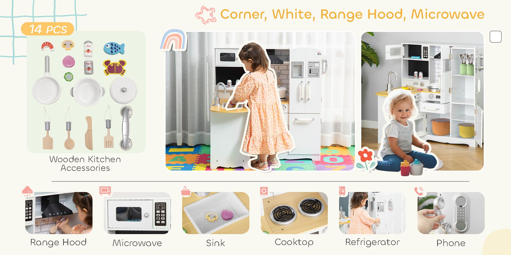 Qaba Corner Kitchen Playset with Cooking Set, Kids Kitchen Set with Range Hood, Microwave, Oven, Stove, Refrigerator, Telephone, Pretend Play Kitchen with Sound Effect for Toddlers