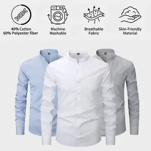 Men’s Spring/Autumn Stand Collar Long Sleeve Shirt – Premium Solid Color with Subtle Texture, Fashionable and Distinctive Business Style