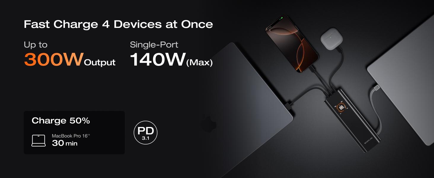 【Exclusive TikTok Gift】ECOFLOW Rapid Pro Power Bank (27650mAh, 300W Max Output, 140W Built-in Cable), 4-Port Portable Charger, TSA-Approved, Up to 320W Recharge, Compatible with MacBook, iPhone 17/16/15, Galaxy, Laptop