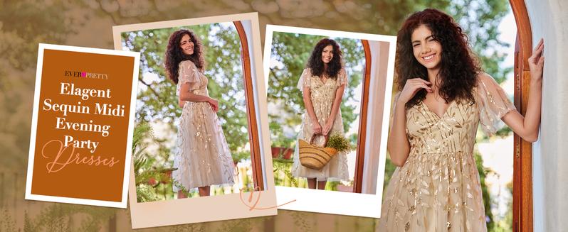 Ever-Pretty 2026 Valentine dress Spring  dress ,Short Sleeves Leaf Sequin A-Line Midi Formal Wedding Guest Dress,party dress 02230