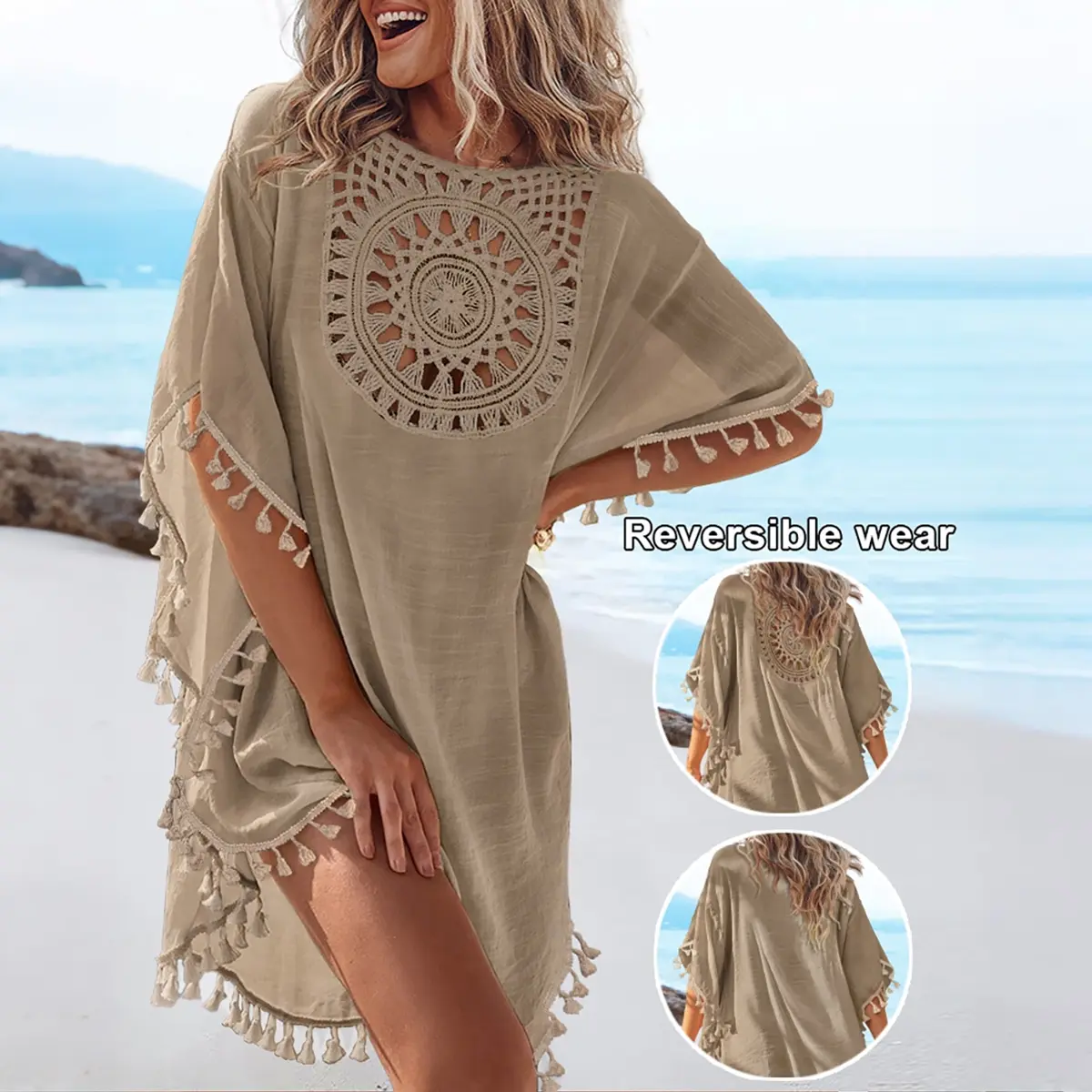 CHICME Women's Front & Back Reversible Beach Cover Up Crochet Lace Hollow Out Spliced Tassel Vacation Caftan Dress