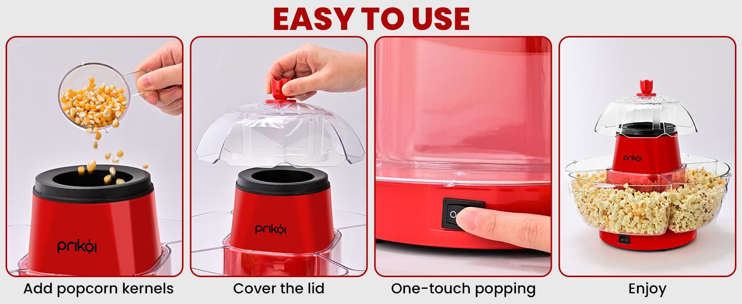 SUSTEAS American Hot Air Popcorn Maker, Electric Popcorn Maker with 4 Serving Bowls and Measuring Cup, Oil-Free, Crunchy & Crispy Quality Kitchen Appliance