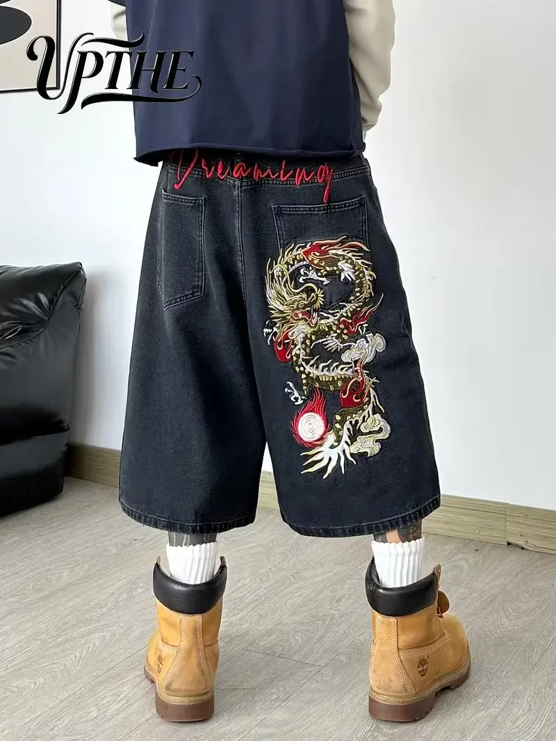 UPTHE UPTHE Men’s Vintage Black Baggy Denim Jorts, Y2K streetwear knee-length shorts with intricate golden dragon embroidery and red "Dreaming" letter stitch, loose oversized fit, retro skater hip hop casual summer street denim shorts