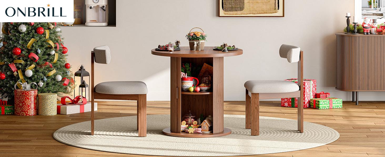 【SPOTLIGHT DAY】ONBRILL 31.5 Inch Round Dining Table for 2, Fluted Kitchen Table with 2-Tier Storage Shelf, Small Dinner Tables with Sliding Door and Wood Strip Base for Kitchen, Living Room