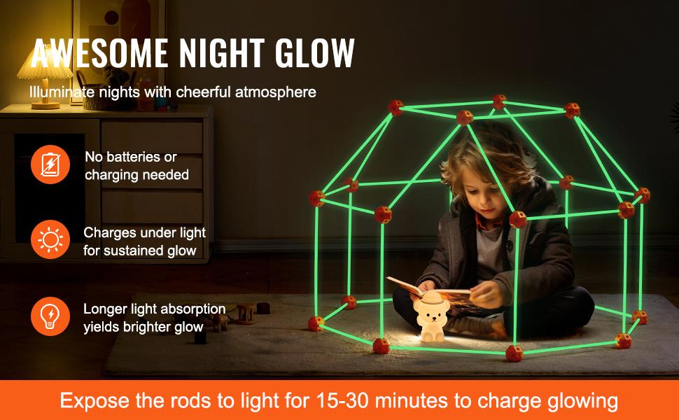 VEVOR Fort Building Kit , 140PCS Glow in The Dark Building Toys, Educational Gift for 4 5 6 7 8+ Year Old Boys & Girls Indoor Play Tent Construction Toys with 96 Rods and 44 Balls  Christmas gift