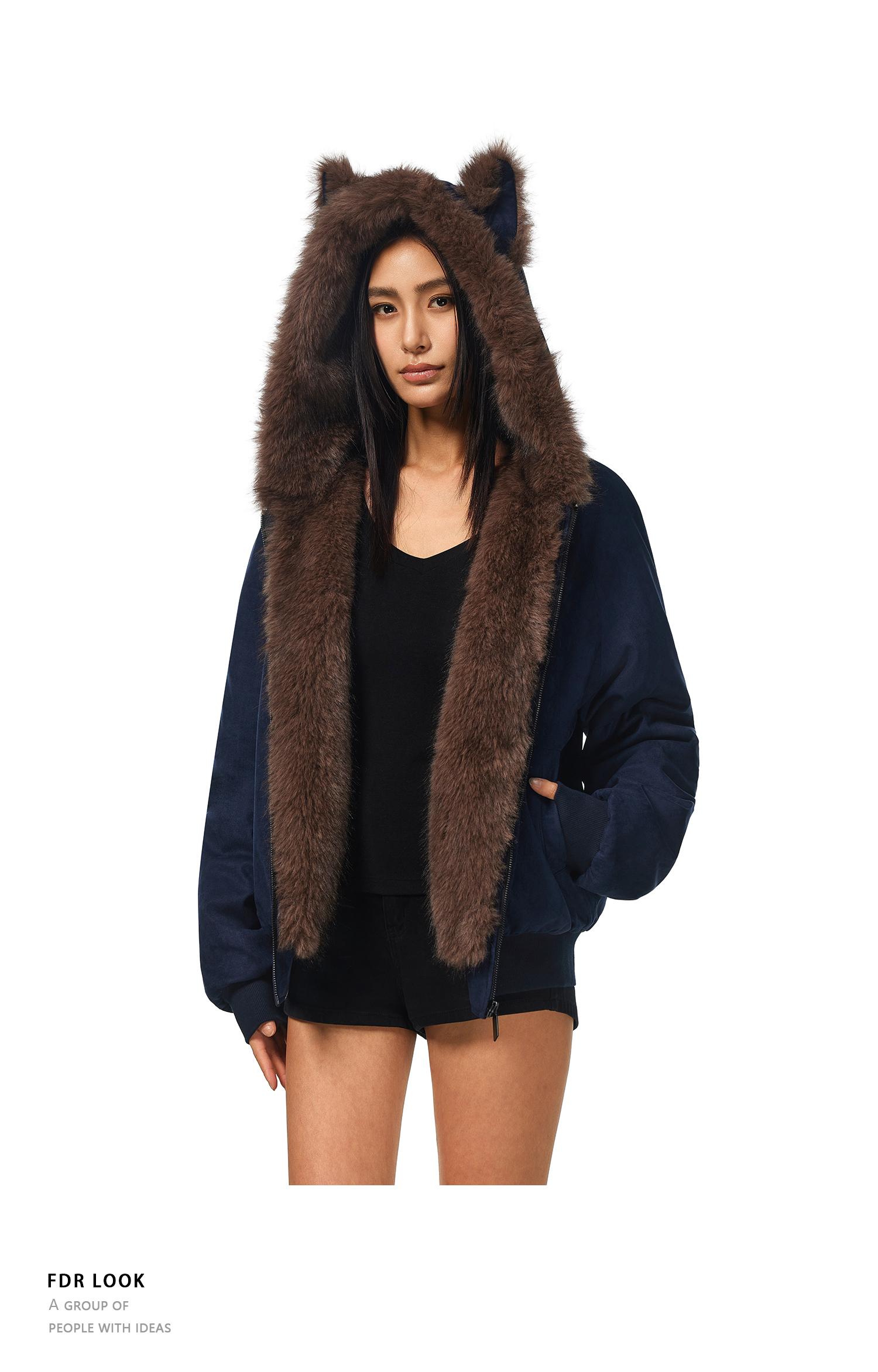 FDR Oversized Faux Suede Cozy Jacket with Cat Ears & Leopard Print Soft Warm Faux Fur Lining Unisex  Womenswear Sweatshirts Fall Fashion Coat Winter Outfits