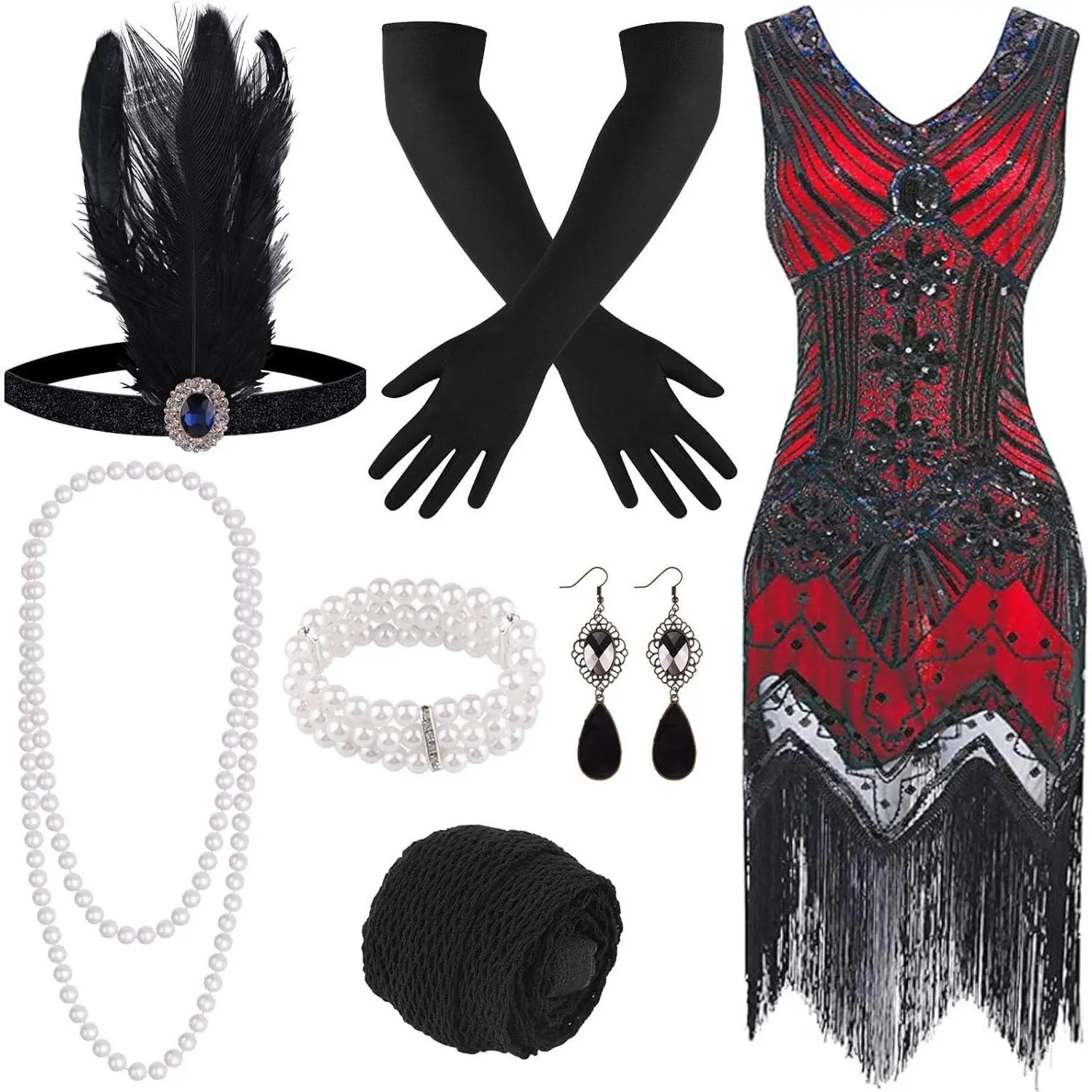 Women's 1920s Art Deco V-Neck Sequin-Beaded Pearl Beads Fringed Flapper Dress Set with Pearl Necklace, Black Feather Headband - Feather Headpiece Party Clothing, Cosplay Outfit (Festive & Party Supplies, Home Supplies)