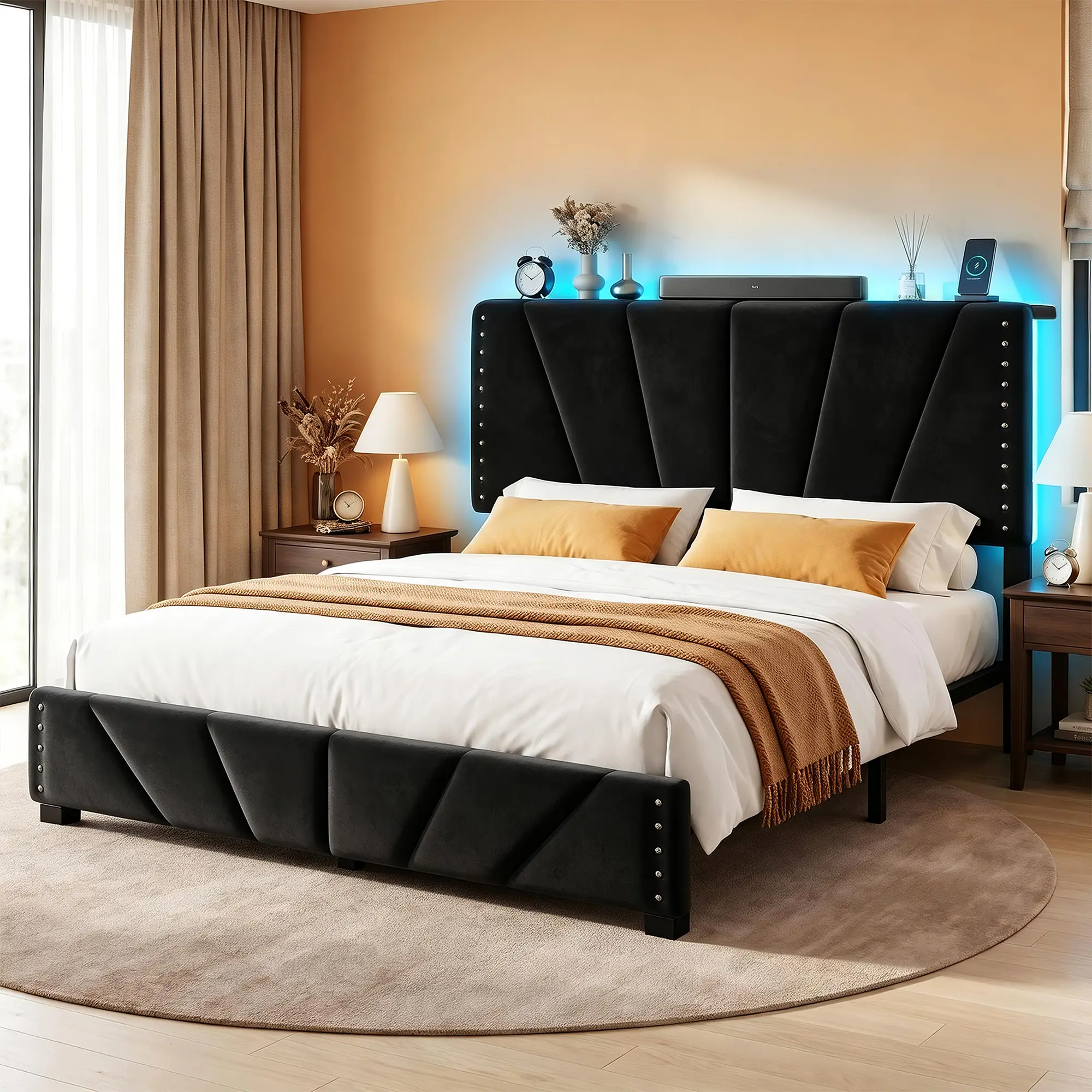 Raybee Upholstered Bed Frame with LED Lights & Charging Station, Velvet Platform Twin Full Queen King Size Bed Frame with Shelf & Underbed Storage, Bedroom Furniture No Mattress, Noise Free, Holds 880LBS, Wood Slats & Metal Frame, Beige, Gray
