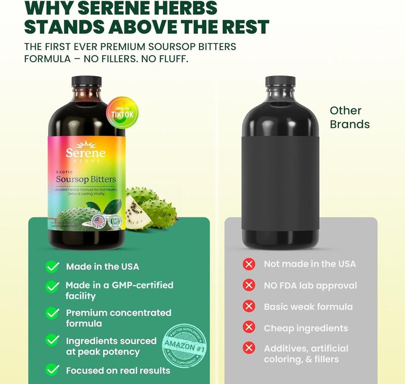 Soursop Bitters Liquid – Organic Herbal Detox with Black Seed, Moringa & Ginger by Serene Herbs – Supports Digestive Wellness & Immune Function – 16 fl oz​