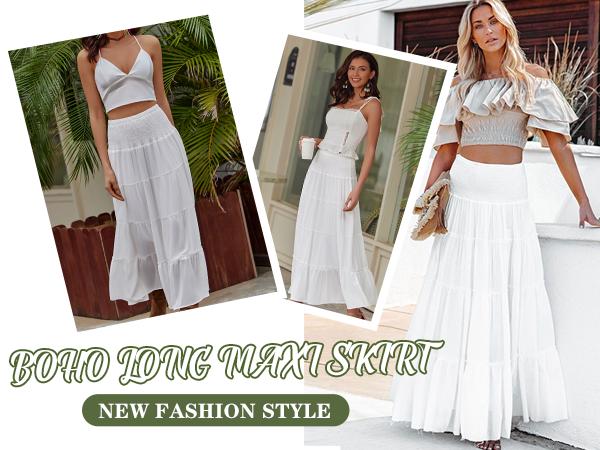 Women's Long Maxi Skirts Tiered Elastic High Waist Boho Double Layered Print A-Line Casual Midi Dress