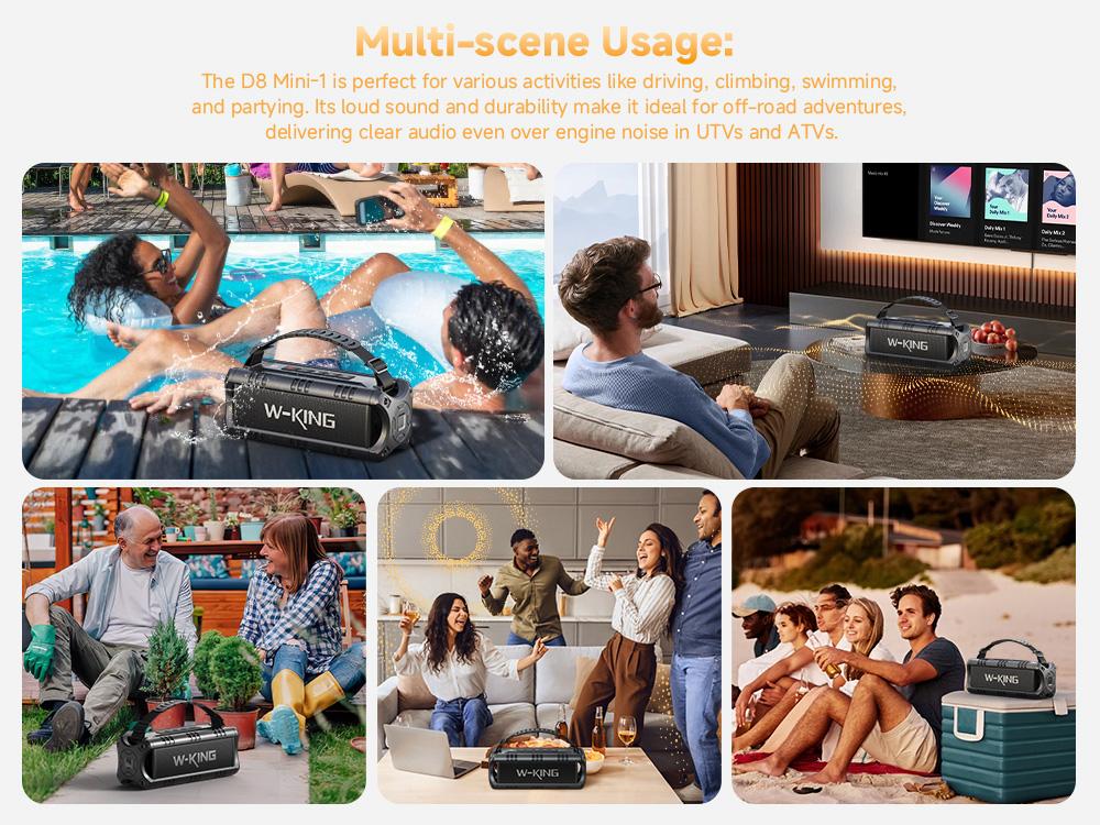 W-KING 60W Peak D8 Mini Portable Bluetooth Speaker, IPX6 Waterproof, 30W Wireless, 24-Hour Playtime, Powerful Bass, NFC, TF Card, USB Playback, Built-in Mic, AUX-IN, for Home, Outdoor Adjustable Subwoofer