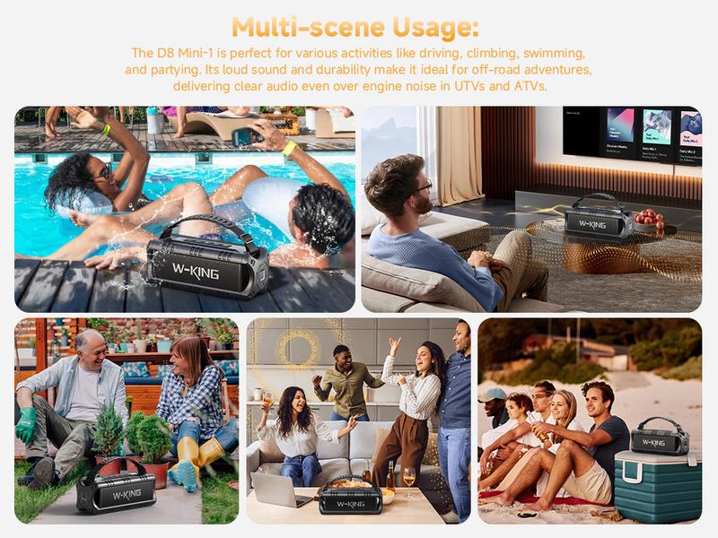 W-KING 60W Peak D8 Mini Portable Bluetooth Speaker, IPX6 Waterproof, 30W Wireless, 24-Hour Playtime, Powerful Bass, NFC, TF Card, USB Playback, Built-in Mic, AUX-IN, for Home, Outdoor Adjustable Subwoofer