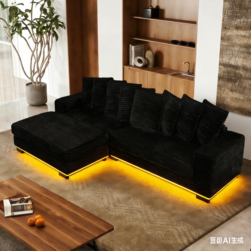 [New Year Special Discount]  Niccae 110" Corduroy Tufted L-Shaped Sleeper Sectional Sofa with LED Base, Adjustable Footrests & 8 Pillows for Small Apartments, Living Rooms & Bedrooms