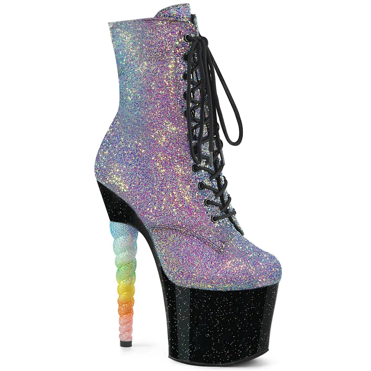Pleaser Women's Unicorn-1020G Iridescent Glitter Party Ankle Boots, 7" Ombre Unicorn Heel Lace-up Platform with Inside Zip, Shoe, Footwear, Laces, Statement Shoes, Ankle Height, Evening Wear, Glitter Finish, Rubber Sole