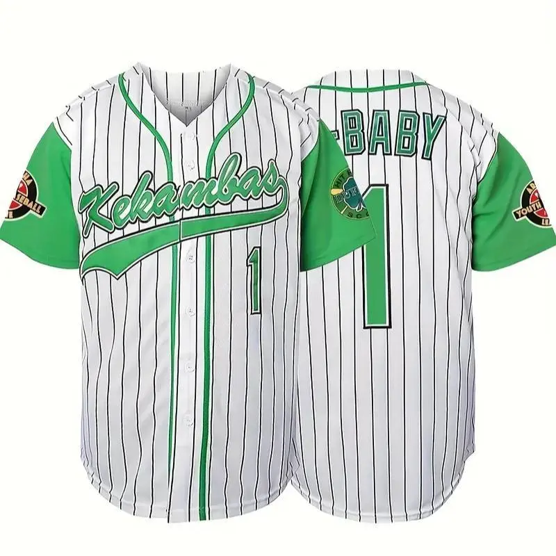 Retro-Inspired Men's Baseball Jersey Green & White Striped, V-Neck, Short Sleeve, 100% Polyester, Machine Washable - Perfect for Team Sports, Outdoor Activities, Parties, and Casual Wear tiktokshopbacktoschool