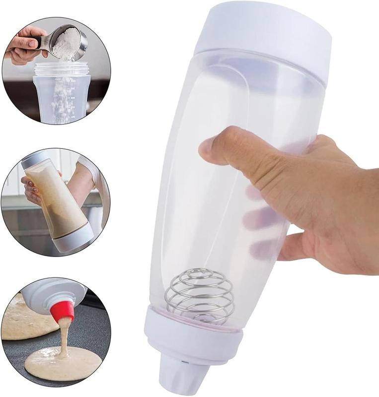 Pancake Batter Dispenser 2-in-1 Mixer Bottle with Stainless Steel Whisk Ball Easy-Pour Silicone Spout Reusable Kitchen Utensils for Pancakes Waffles Crepes and More - Smooth