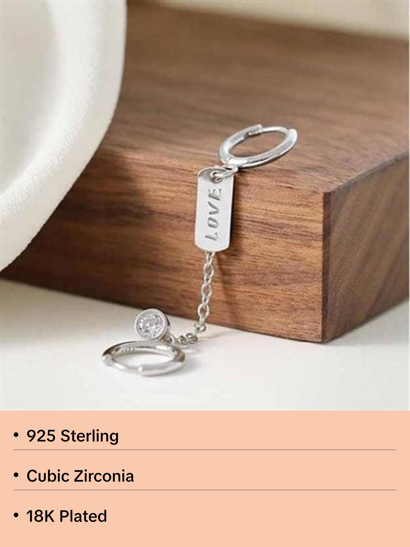 Fashion Doule Hole CZ Love Letters Rectangle 925 Sterling Silver Hoop Earrings