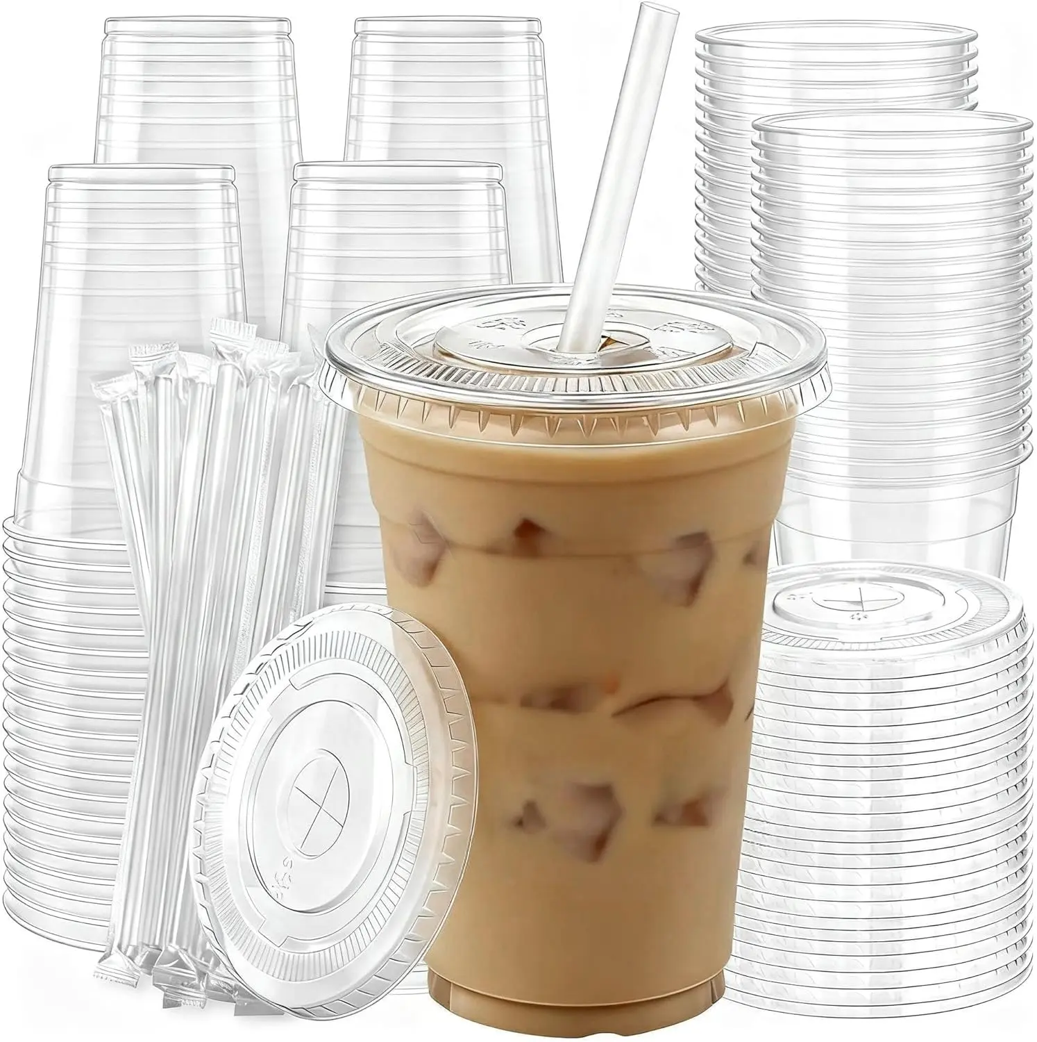 100 Pack 16 oz Plastic Cups with Lids and Straws, Clear Disposable Plastic Cups, Heavy Duty Iced Coffee Cups with Leak-Resistant Lids, Cold Drink Cups for Smoothies, Juice, Soda & Party To Go