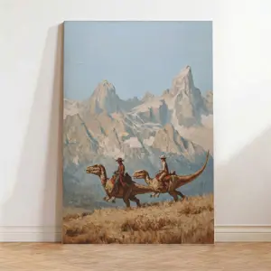 Western Dinosaur Canvas Wall Art - Vintage Cowboy Riding Raptor Oil Painting Print - Funny Surreal Home Decor for Living Room & Man Cave