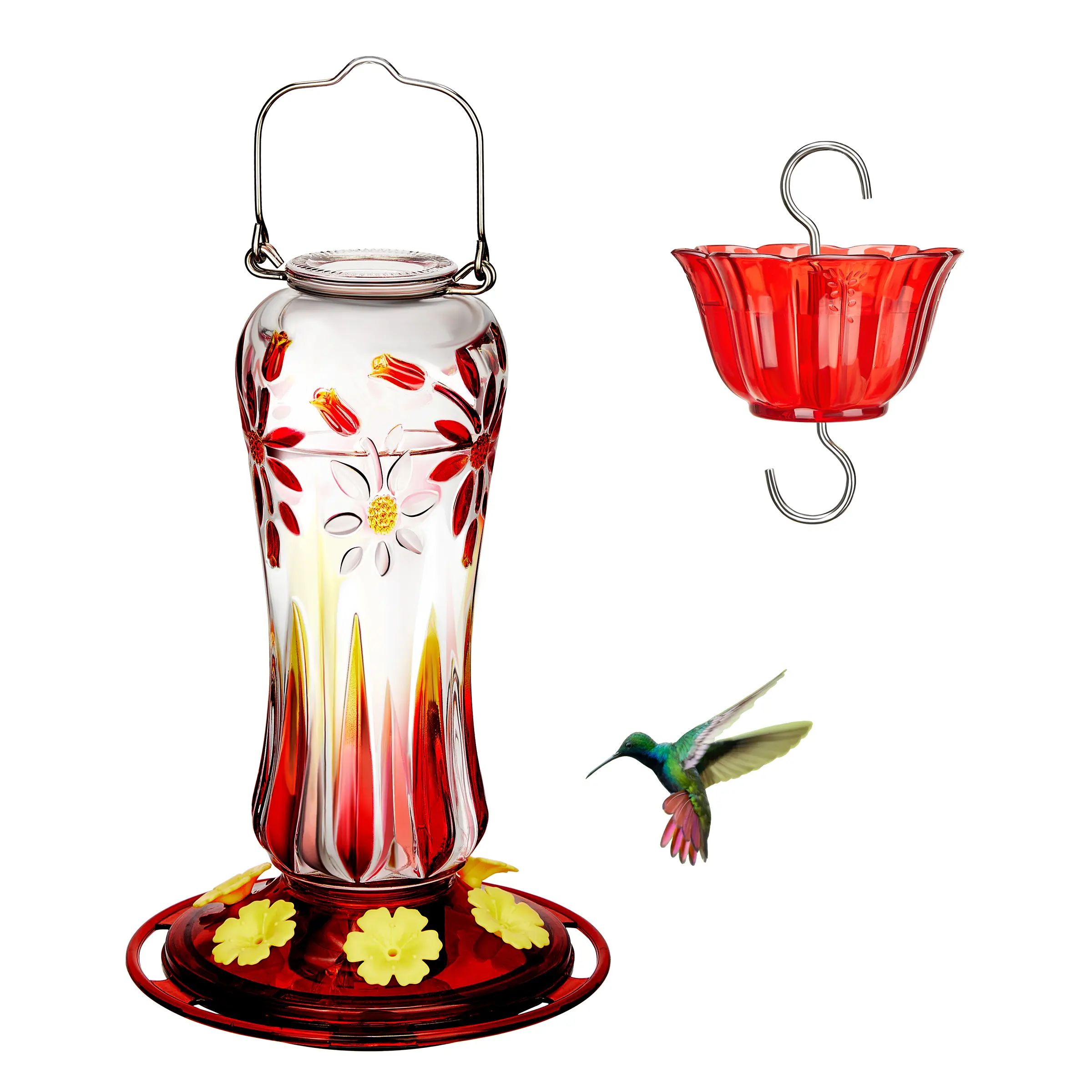 Kingsyard Hanging Hummingbird Feeder - Bird Feeders for Outdoors, 25oz Glass Body, Ant Moat, 6 Ports, Leak Proof, Floral Shapes, Flat Base Steady Fill, Perch + Feed Space, Spring Garden Decor, Gold Design Award Winner, Feeding Tools