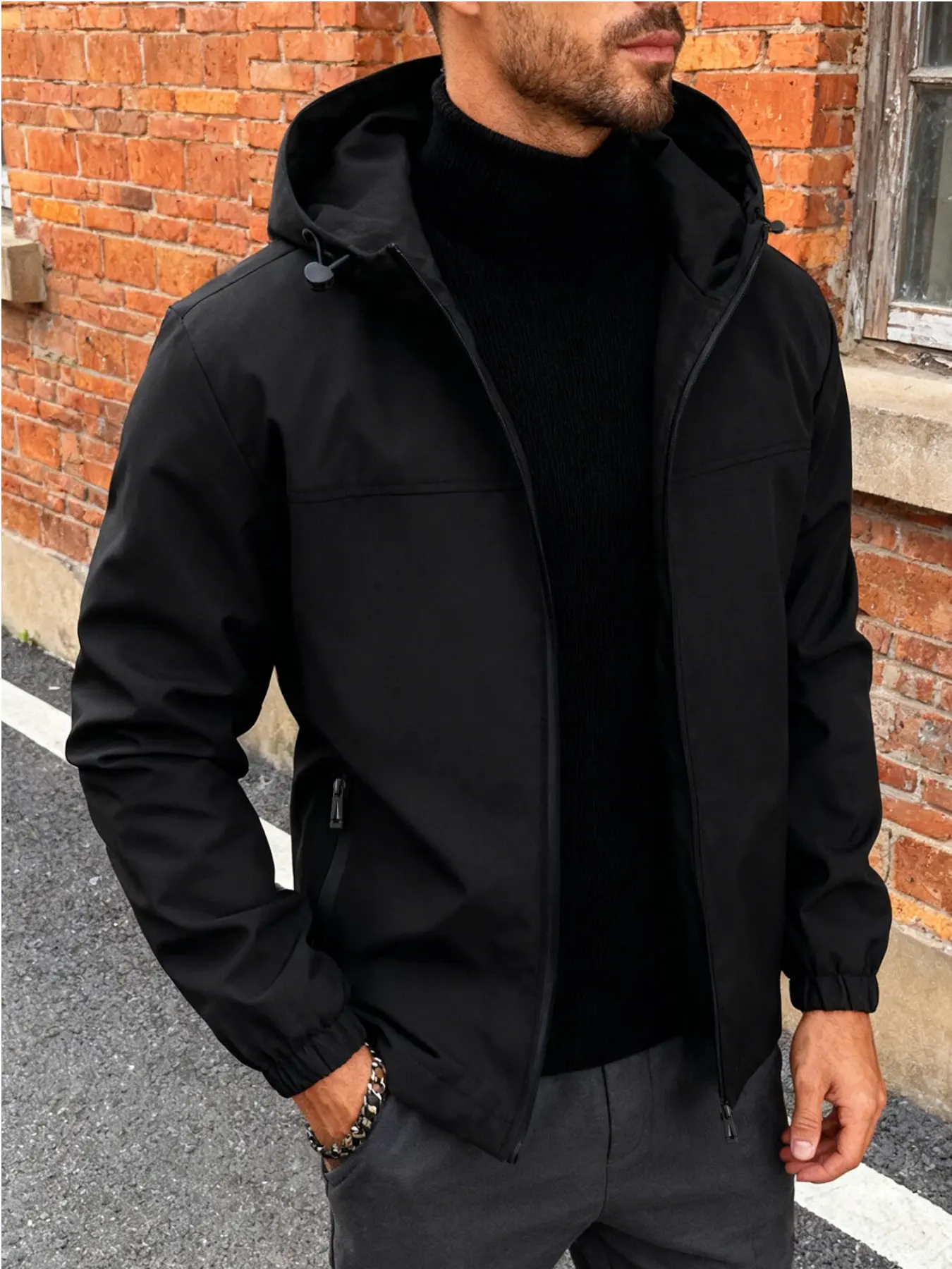 Men's Spring Fall Hooded Windproof Jacket, 100% Polyester, Casual Long Sleeve Zip Outerwear, Ideal for Daily Wear