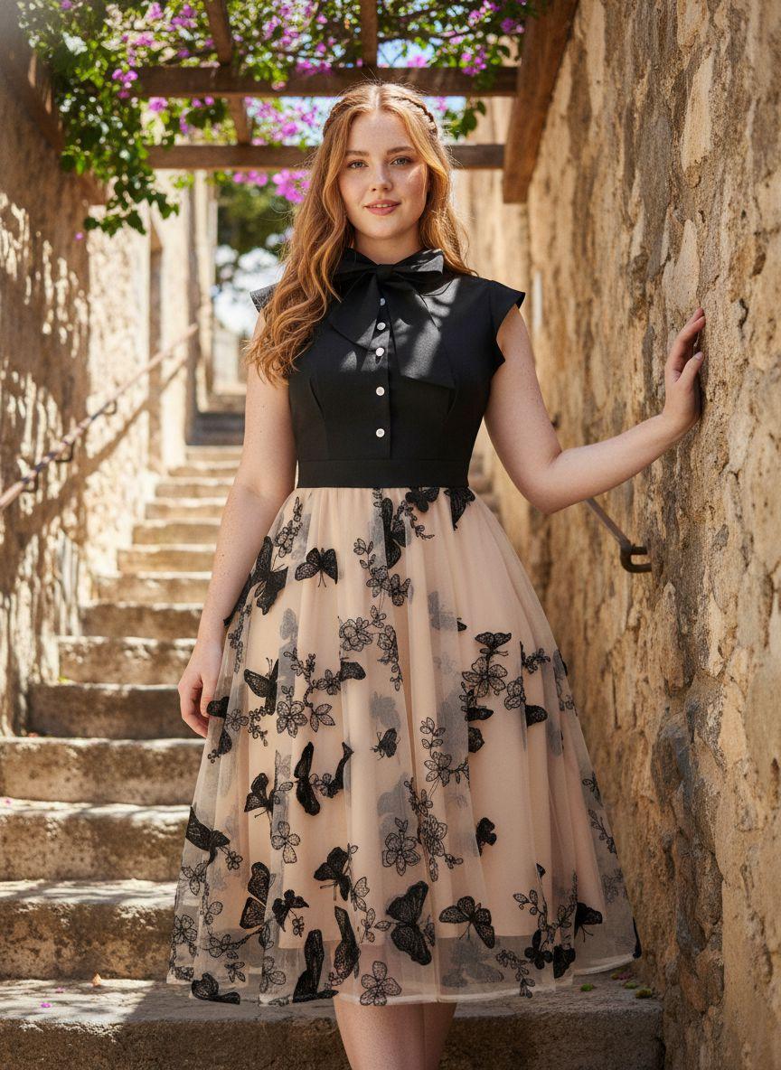 black 1950s butterfly swing dress Black V Neck Butterfly 1950S Vintage Swing Dress  Jolly Vintage