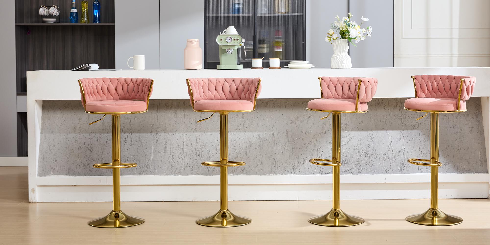 VECELO Bar Stools Set of 2 Woven Modern 360° Swivel Gold Base Bar Stools,Adjustable Height Barstools with Velvet Backs Metal Tall Kitchen Counter Chairs for Bar Pub Home