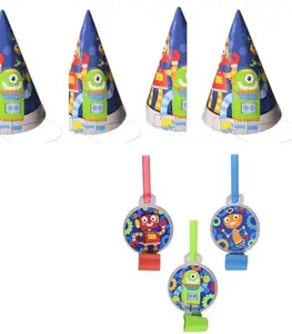 Robot Party Decorations Set, Cone Party Hats and Blowouts, Space Theme Birthday Supplies (8 piece party hats and 8 robot party blowers)